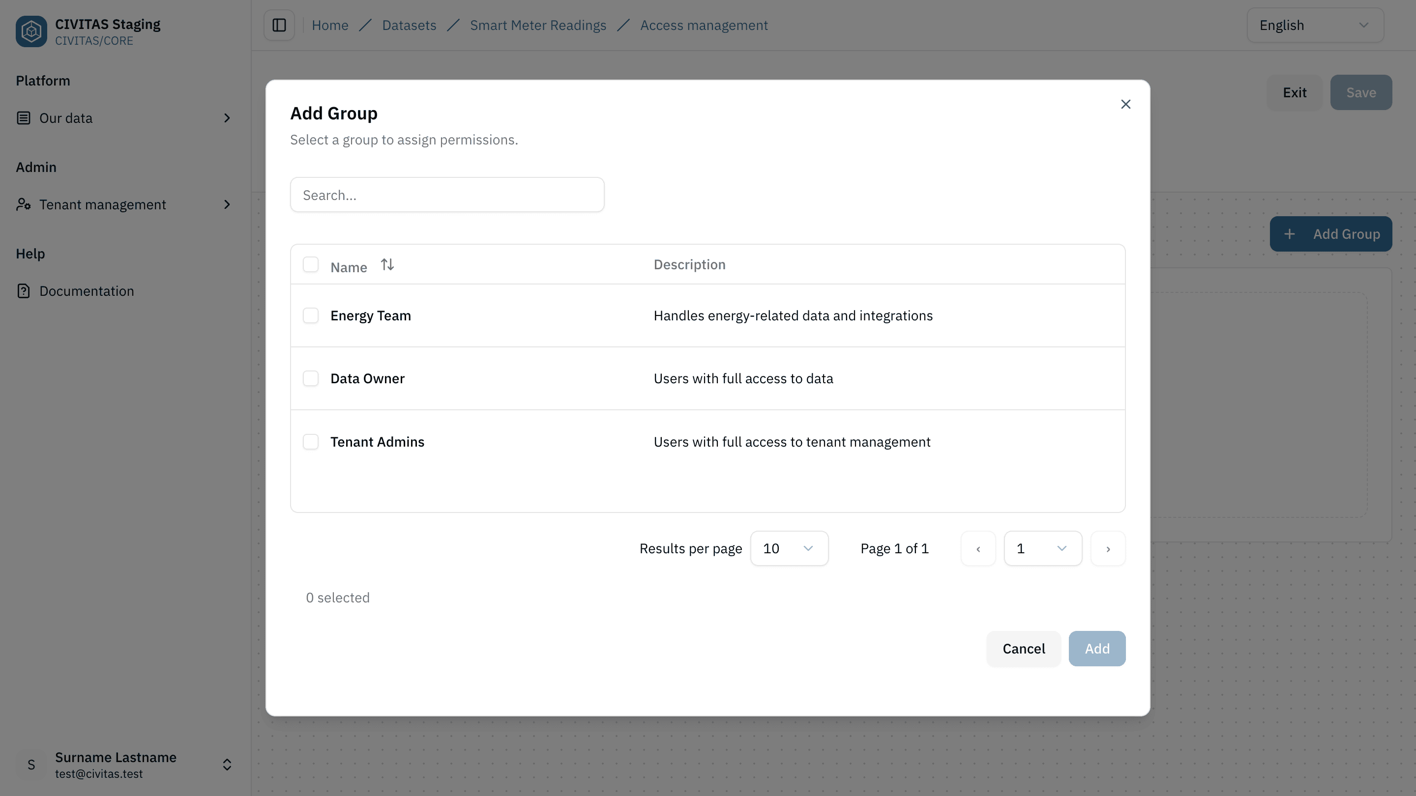 Screenshot: Add Group Modal