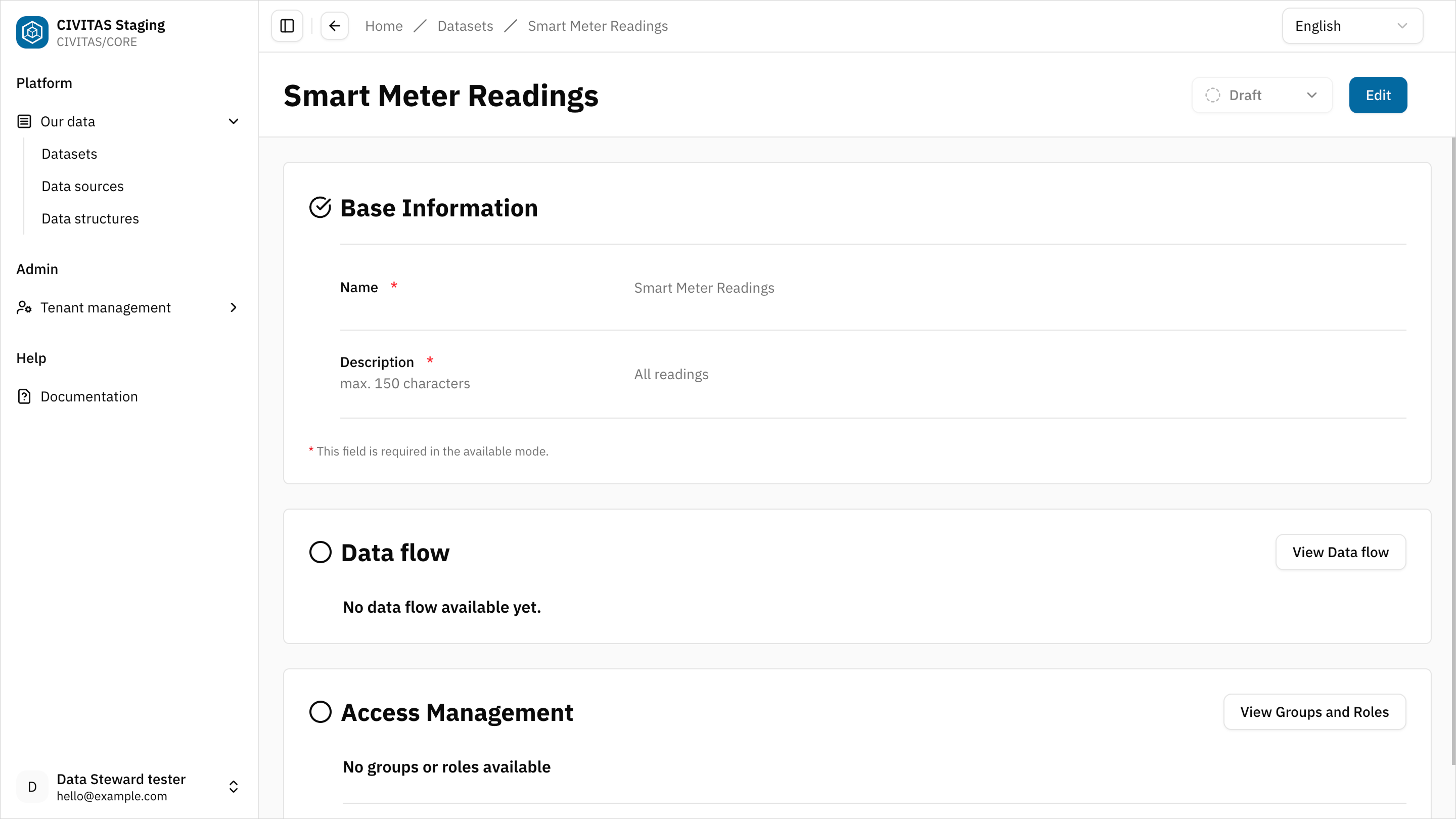 Screenshot: dataset detailview section data flow with "load and provide data" button