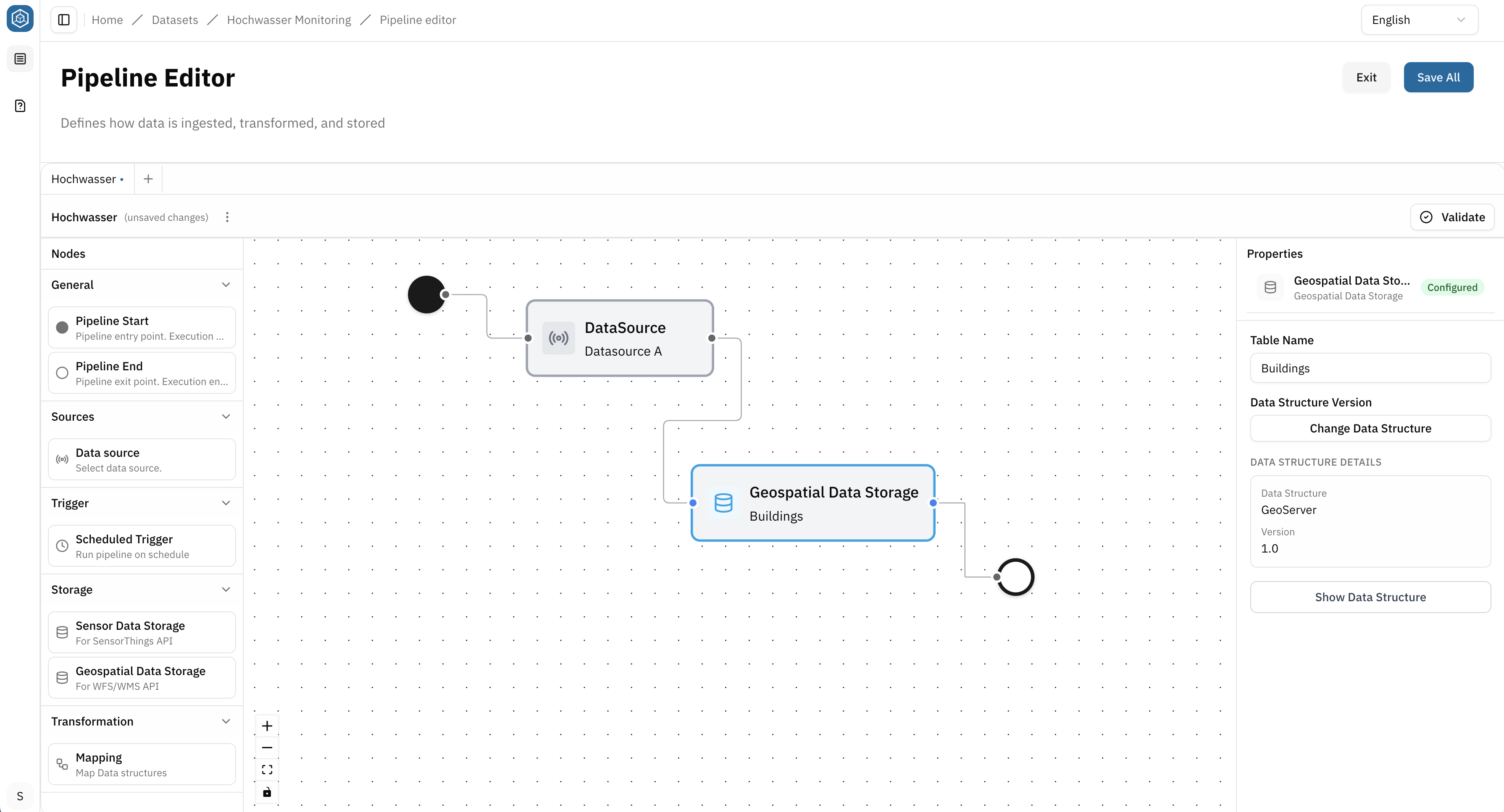Screenshot: The pipeline geospatial storage node