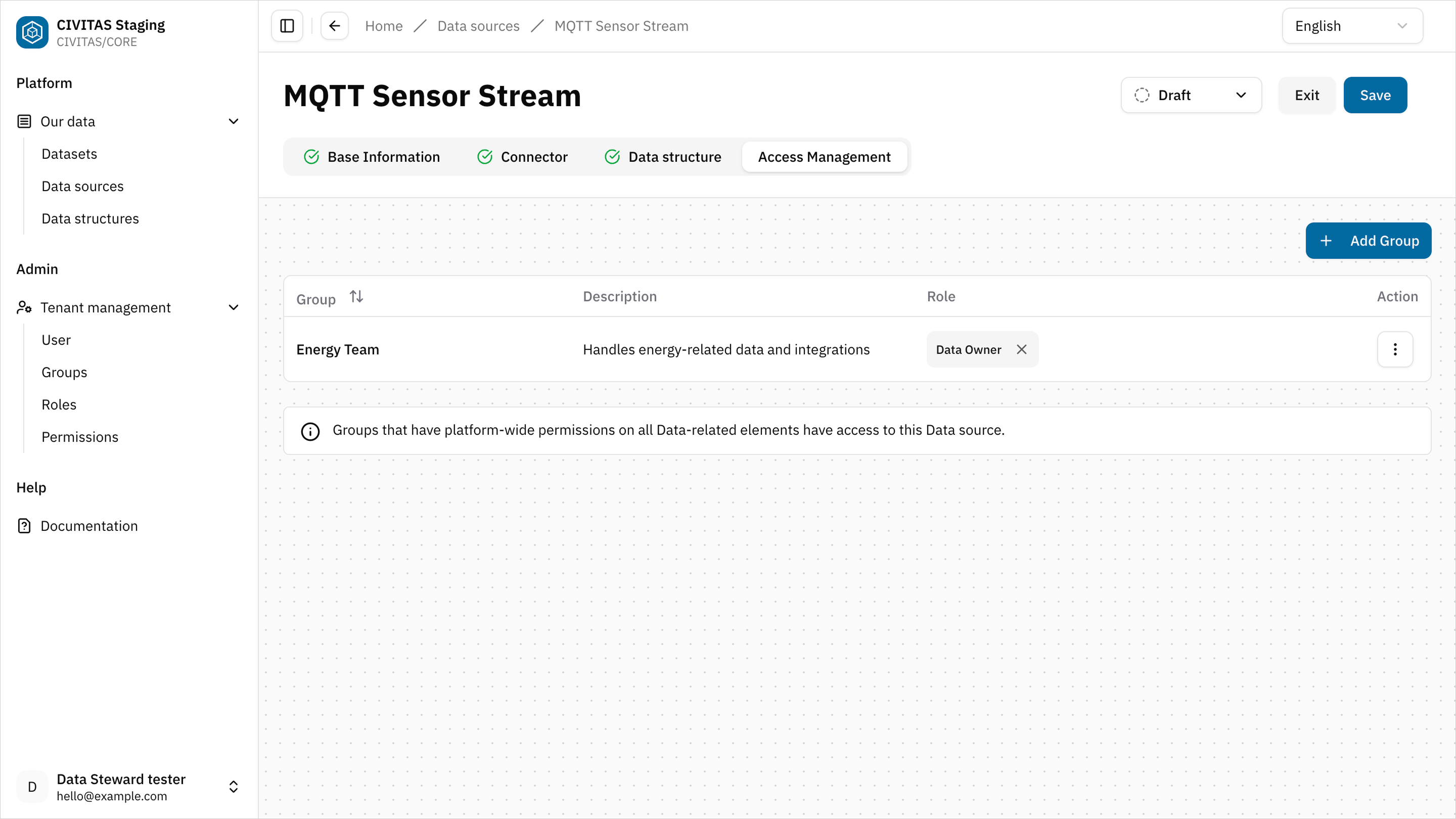 Screenshot: Access Management tabs across data-related elements