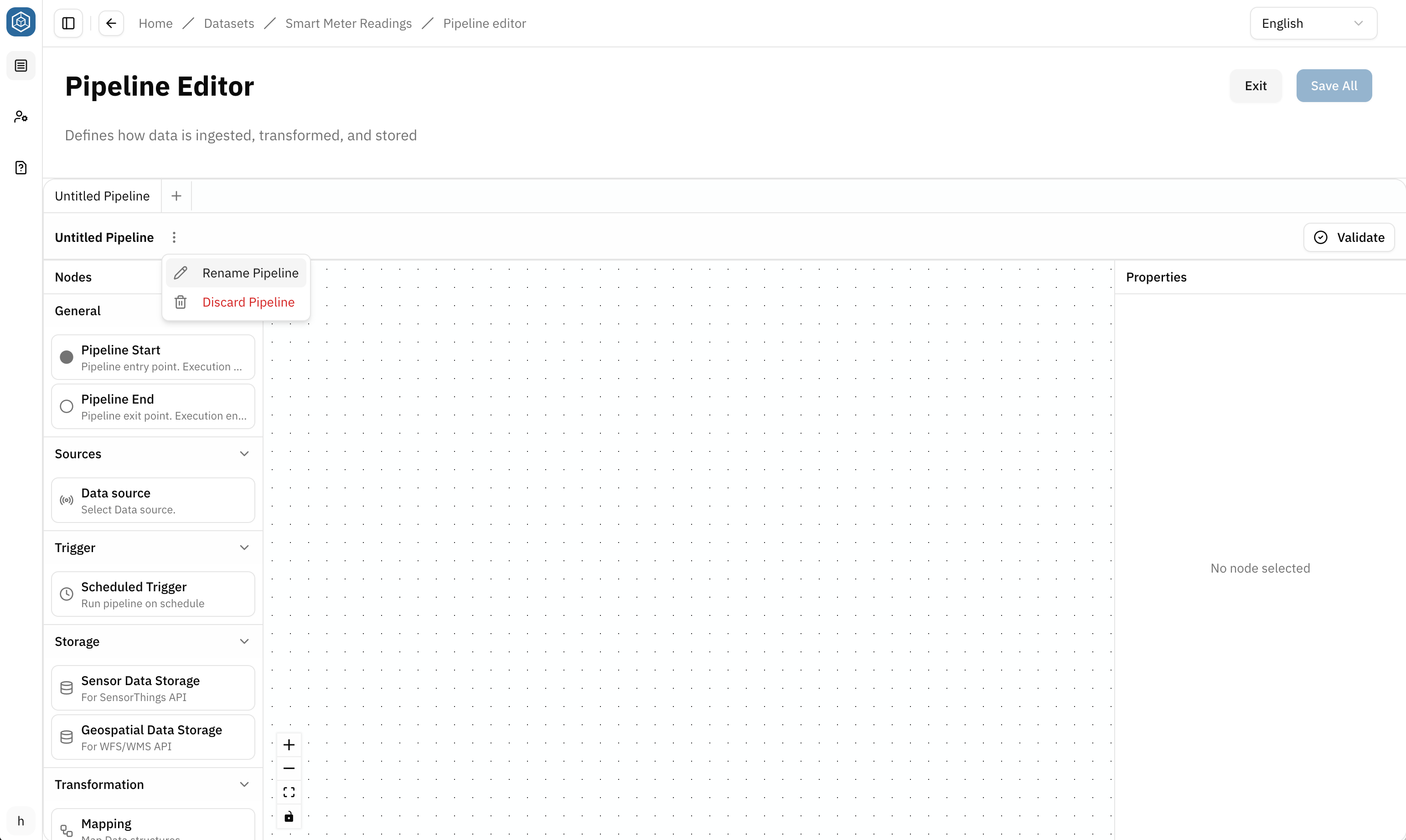 Screenshot: empty pipeline editor with name selection