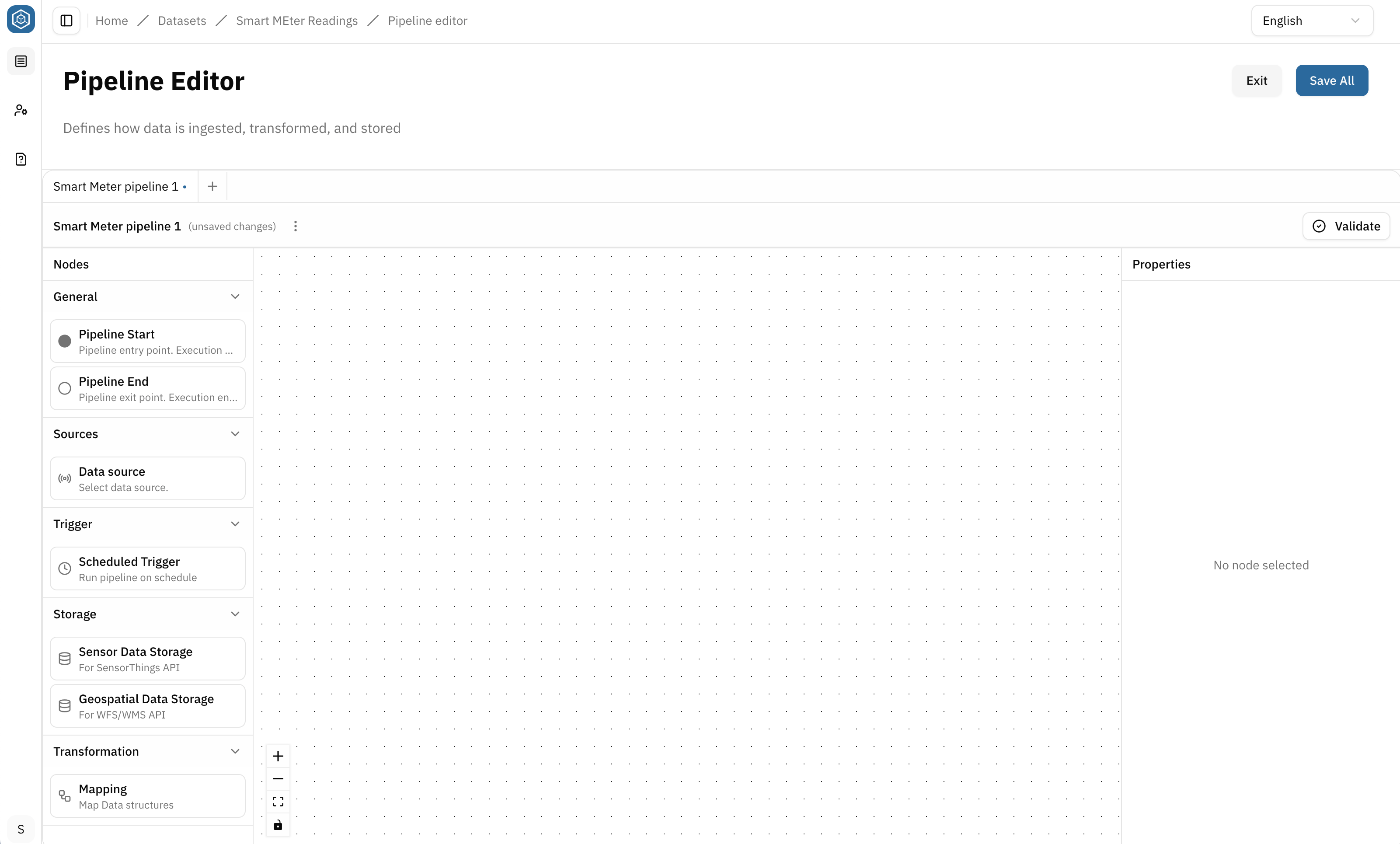 Screenshot: empty pipeline editor with name selection