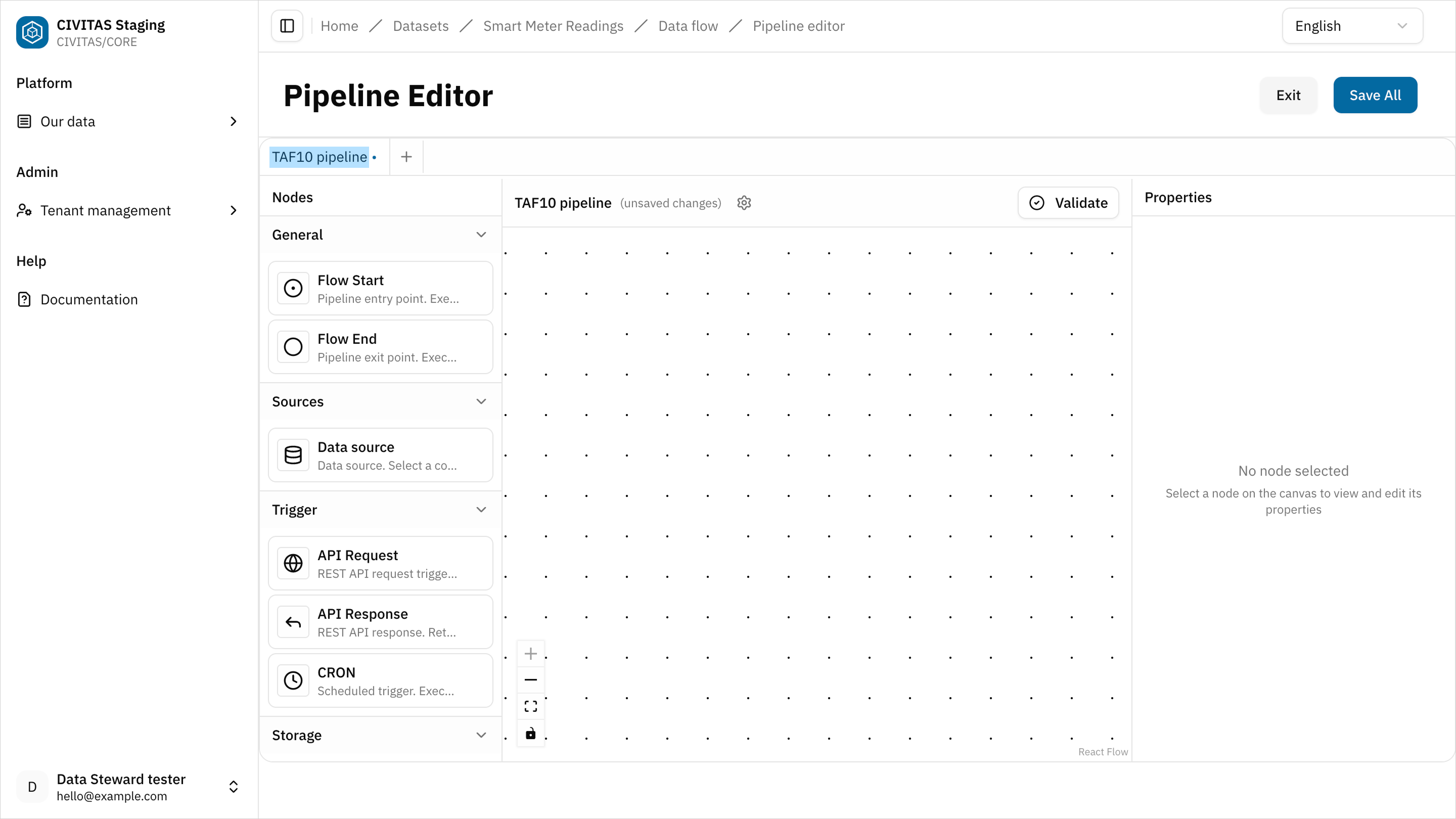 Screenshot: empty pipeline editor with name selection