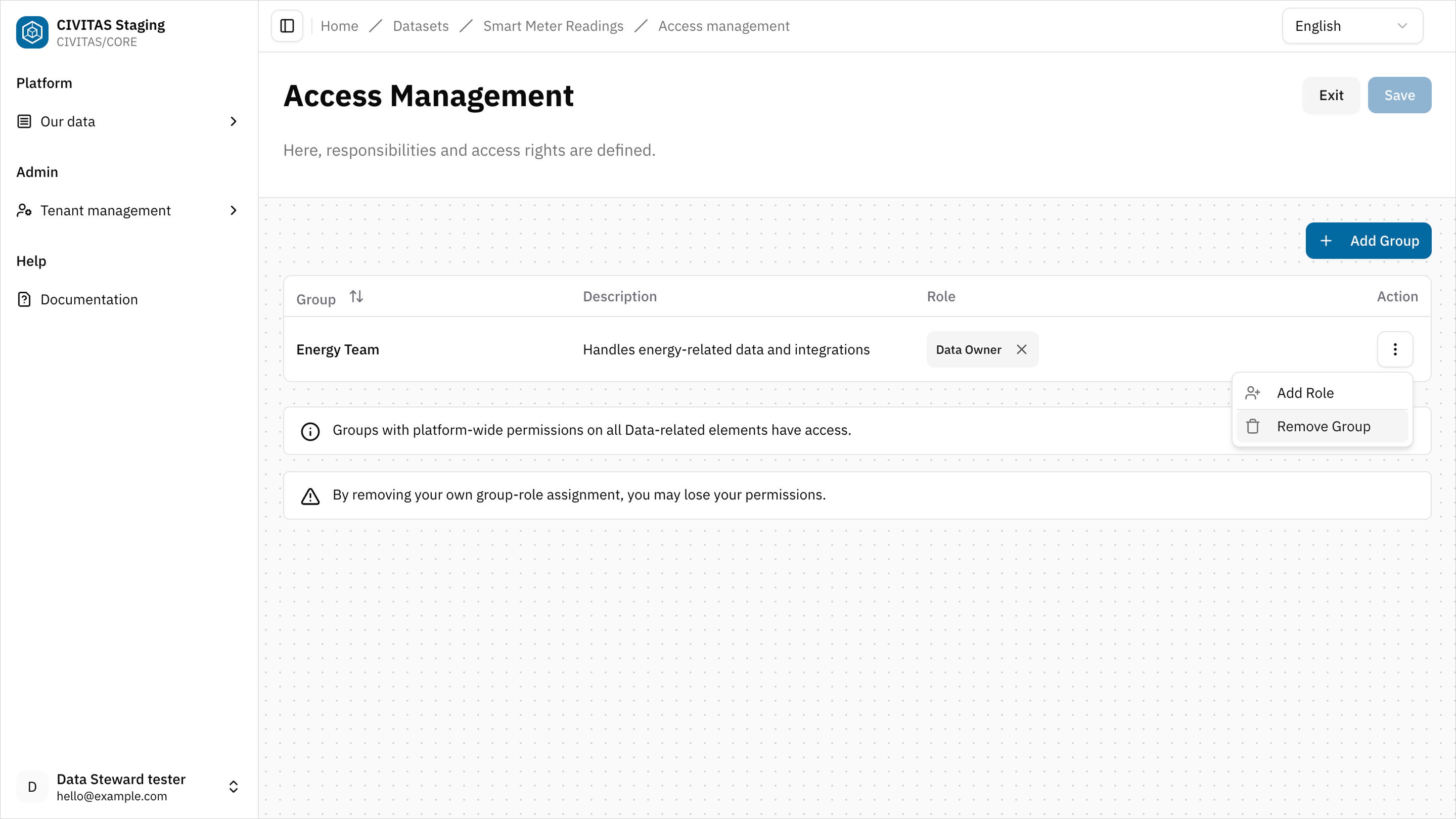 Screenshot: Actions menu with "Remove Group"