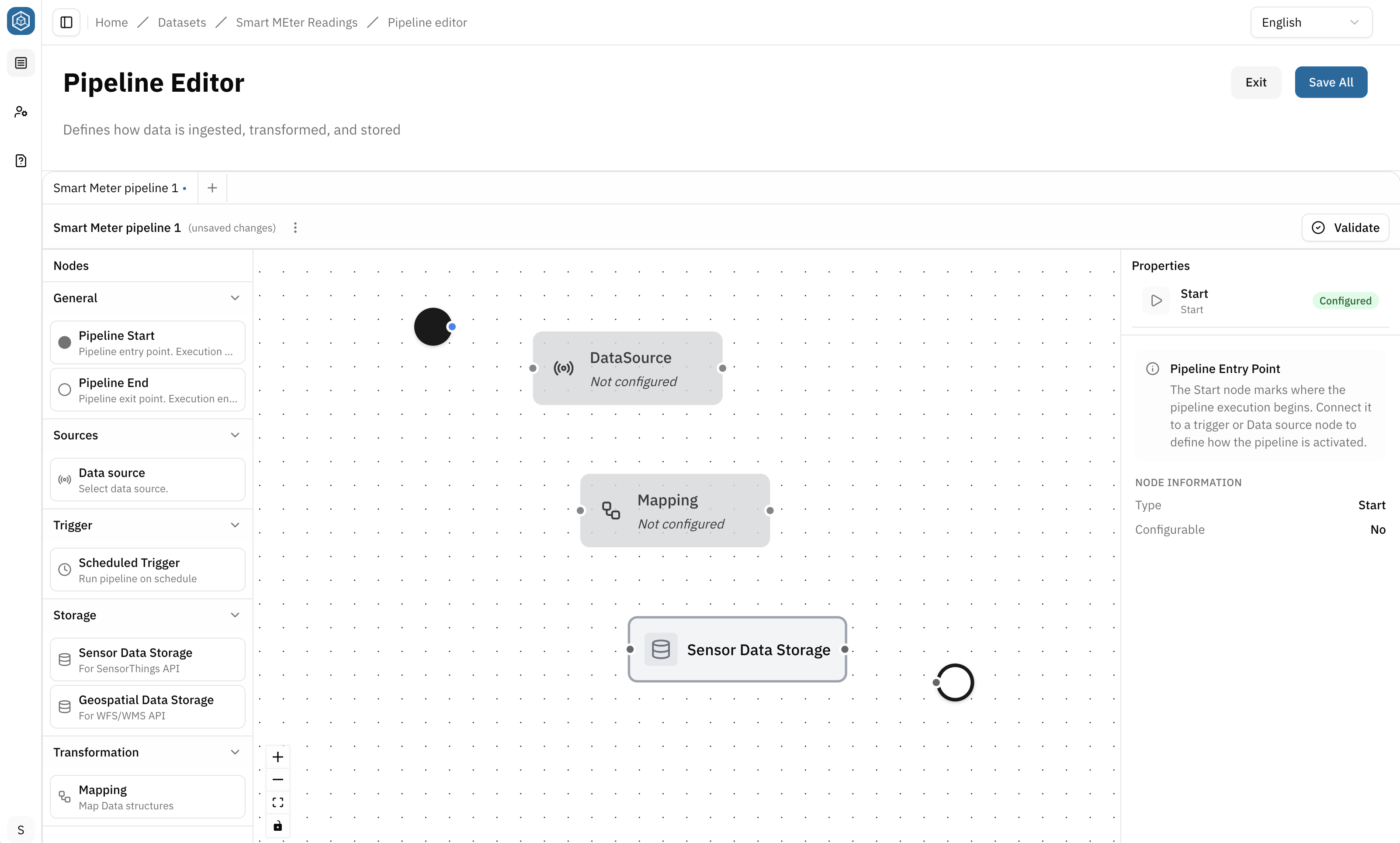 Screenshot: pipeline with flow start + CRON node + Data source + mapping node + storage node + Flow end | all unconnected