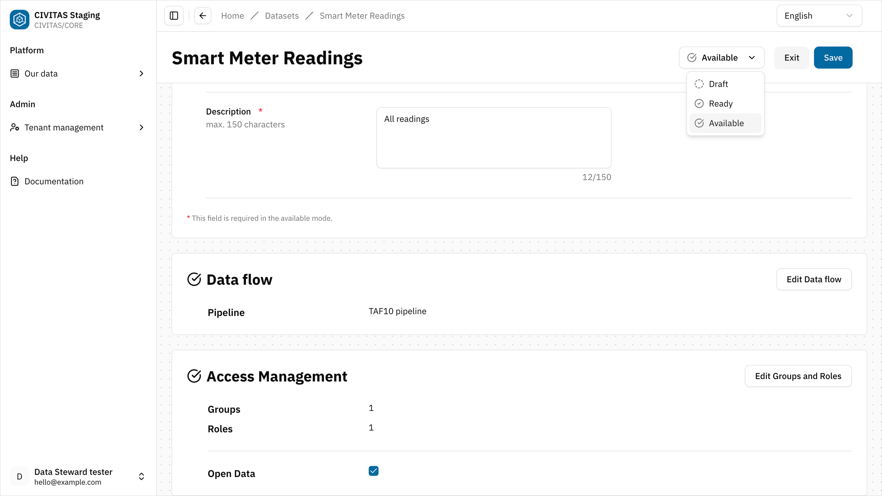 Screenshot: status dropdown