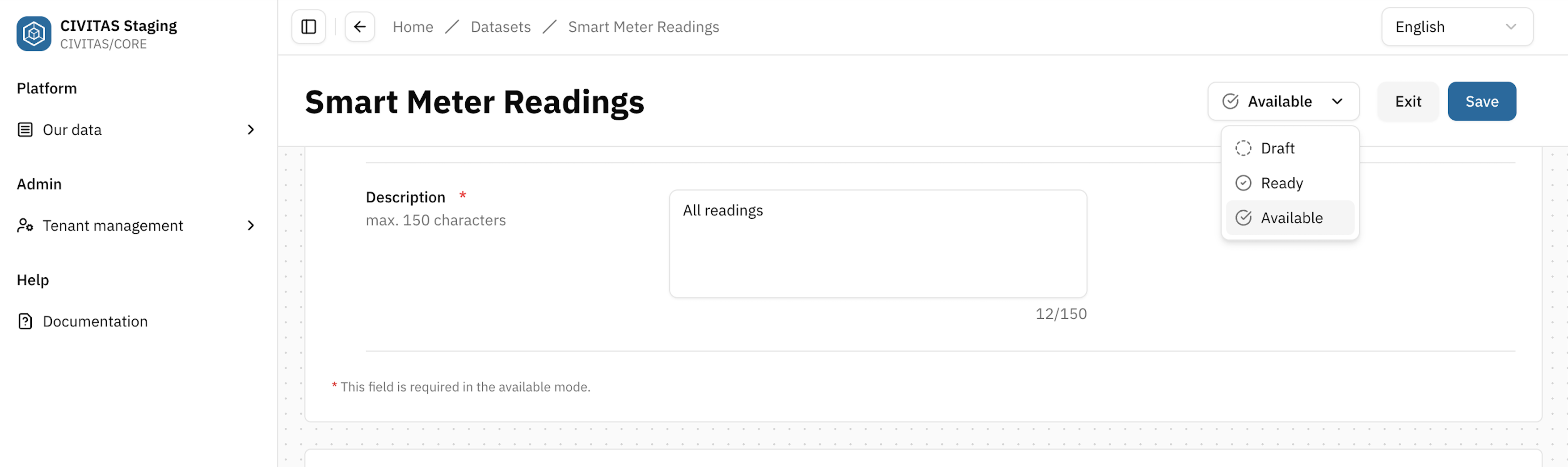 Screenshot: status dropdown