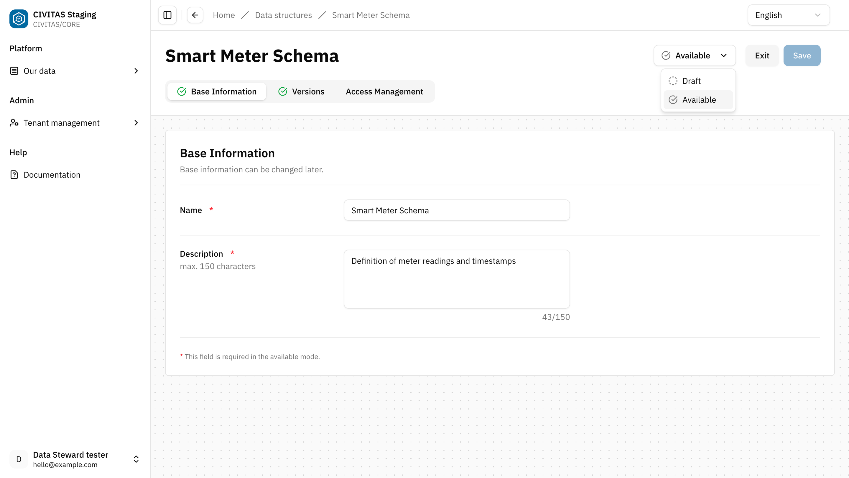 Screenshot: Data structure detail page with Status-Dropdown, draft / available