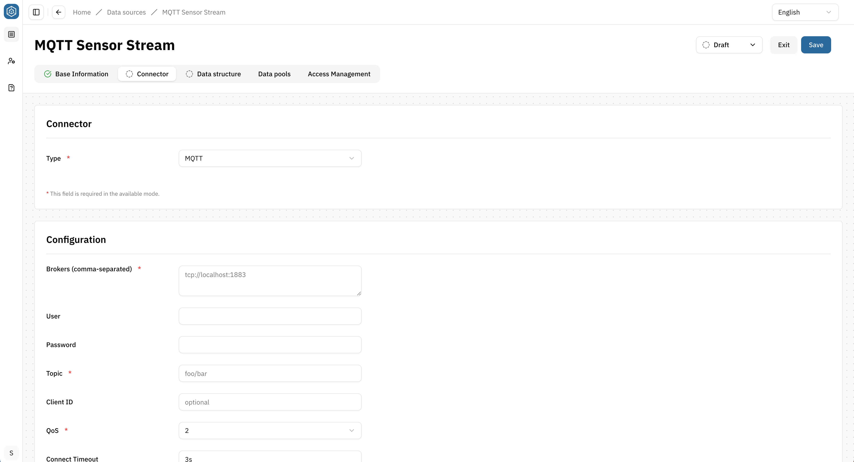 Screenshot: connector type: postgresql selected, and empty configuration form