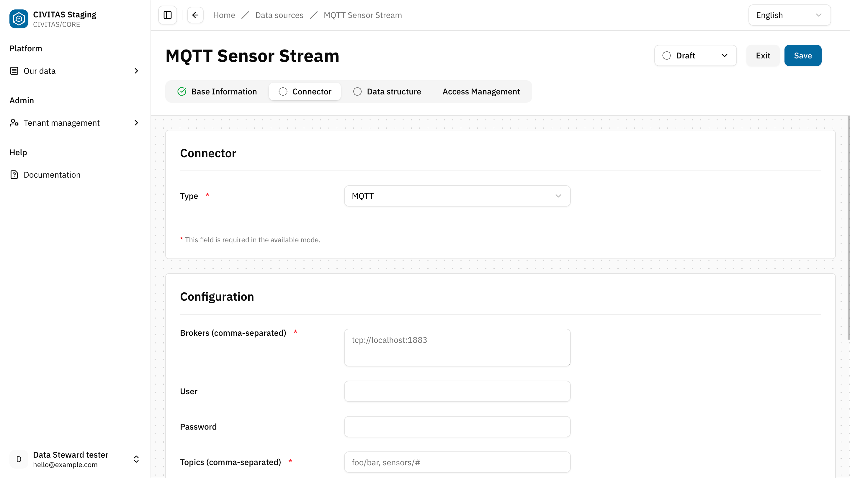 Screenshot: connector type: postgresql selected, and empty configuration form