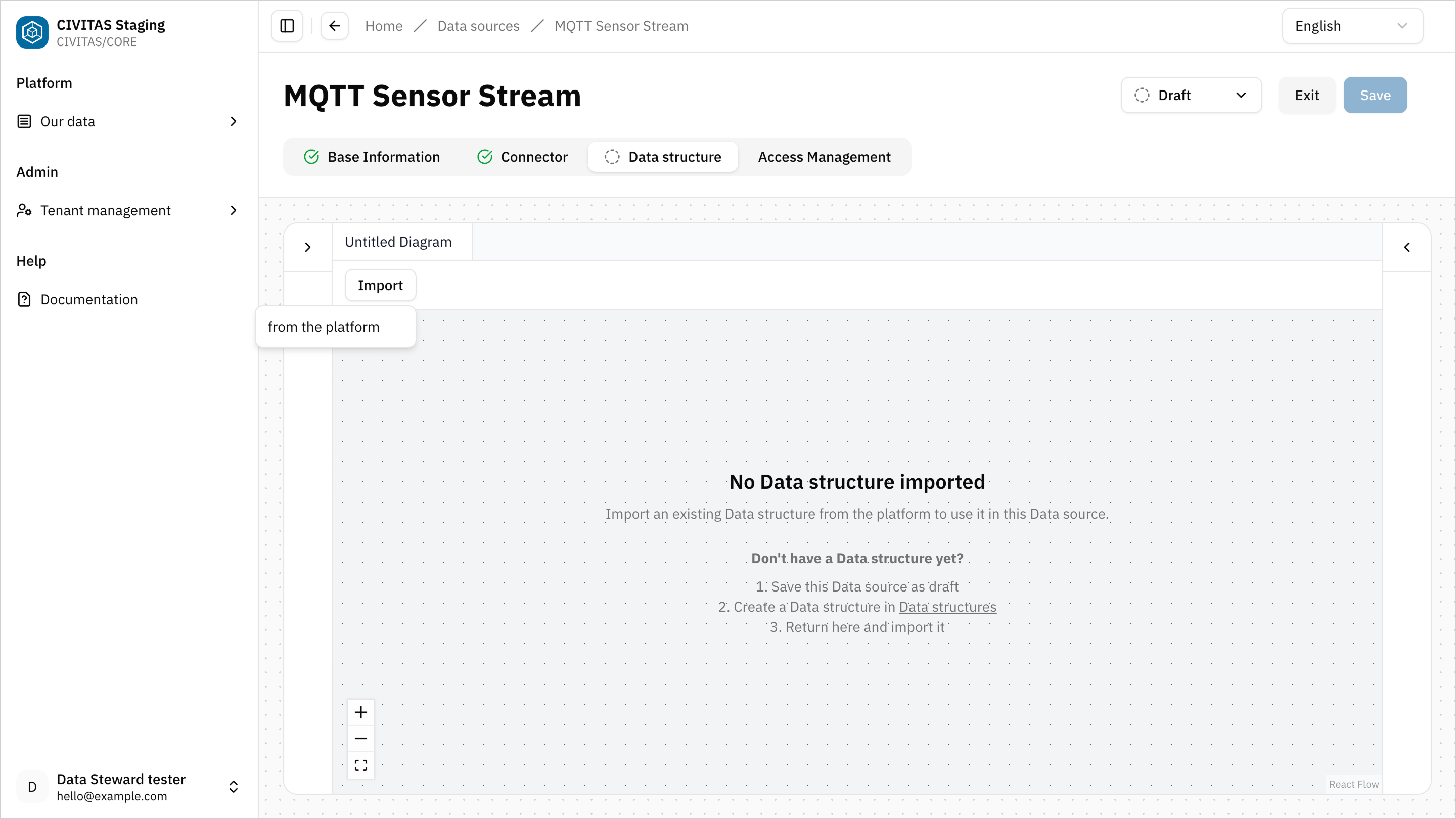 Screenshot: empty editor, geklickter Import button mit Auswahl "von Plattform"
