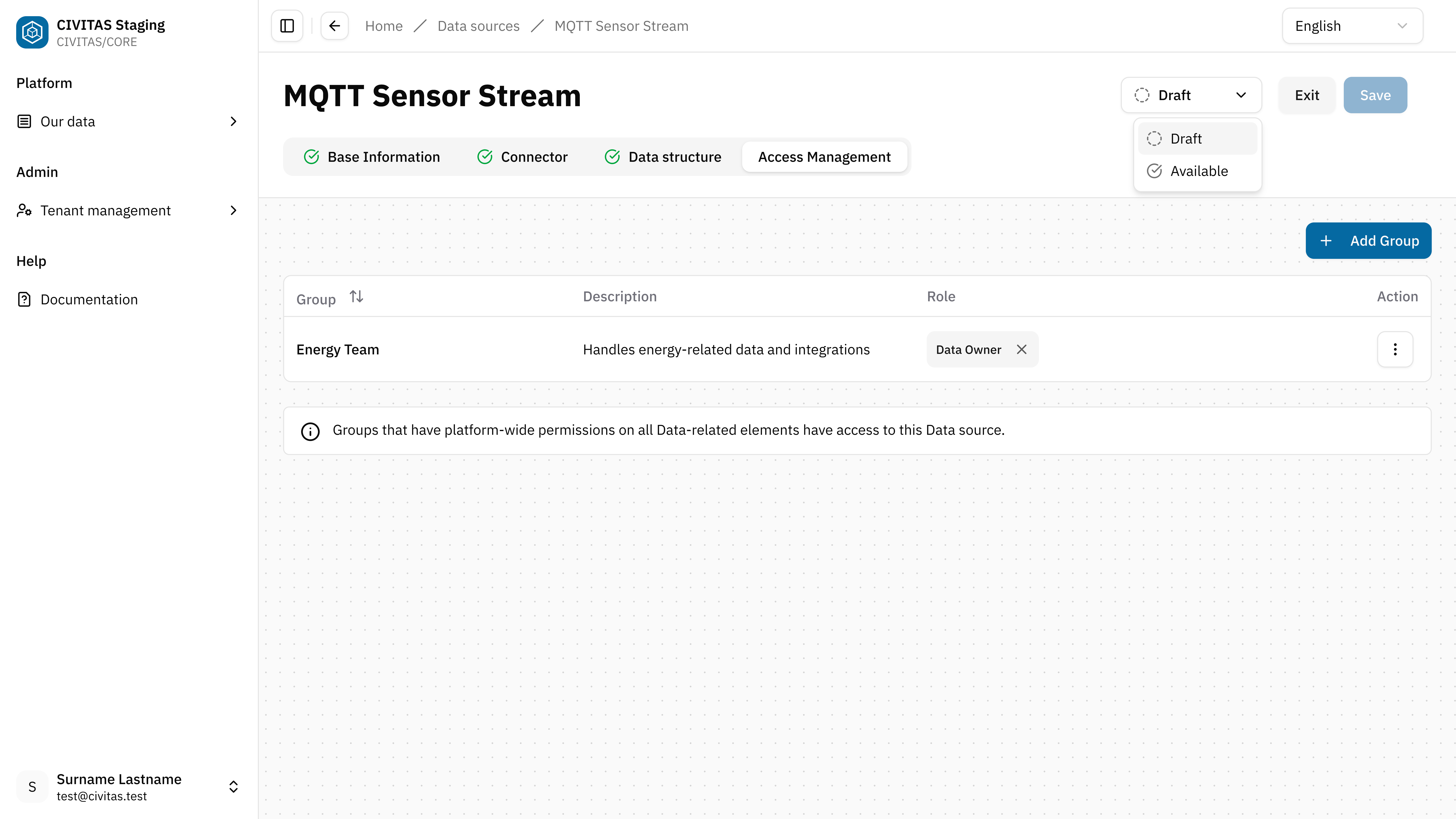 Screenshot: UI Element with Status-Dropdown: draft: active / inactive: available